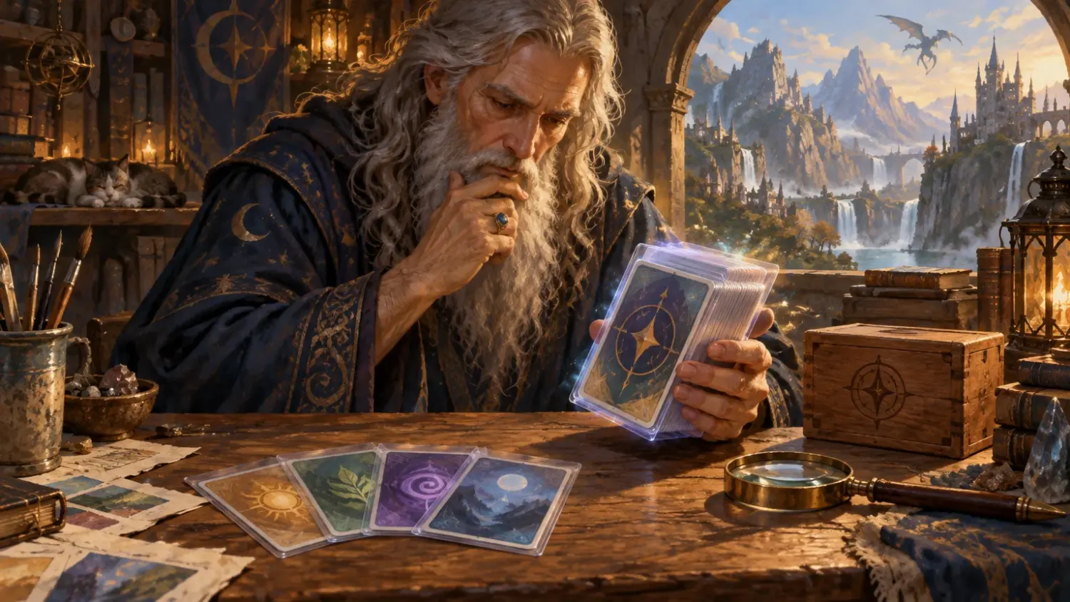 Painterly fantasy scene of a gray-haired wizard studying a thick stack of glowing sleeved cards at a wooden worktable, with several illustrated cards, a magnifying glass, paints, and papers in the foreground; a cliffside castle valley and dragon appear beyond an arched window.