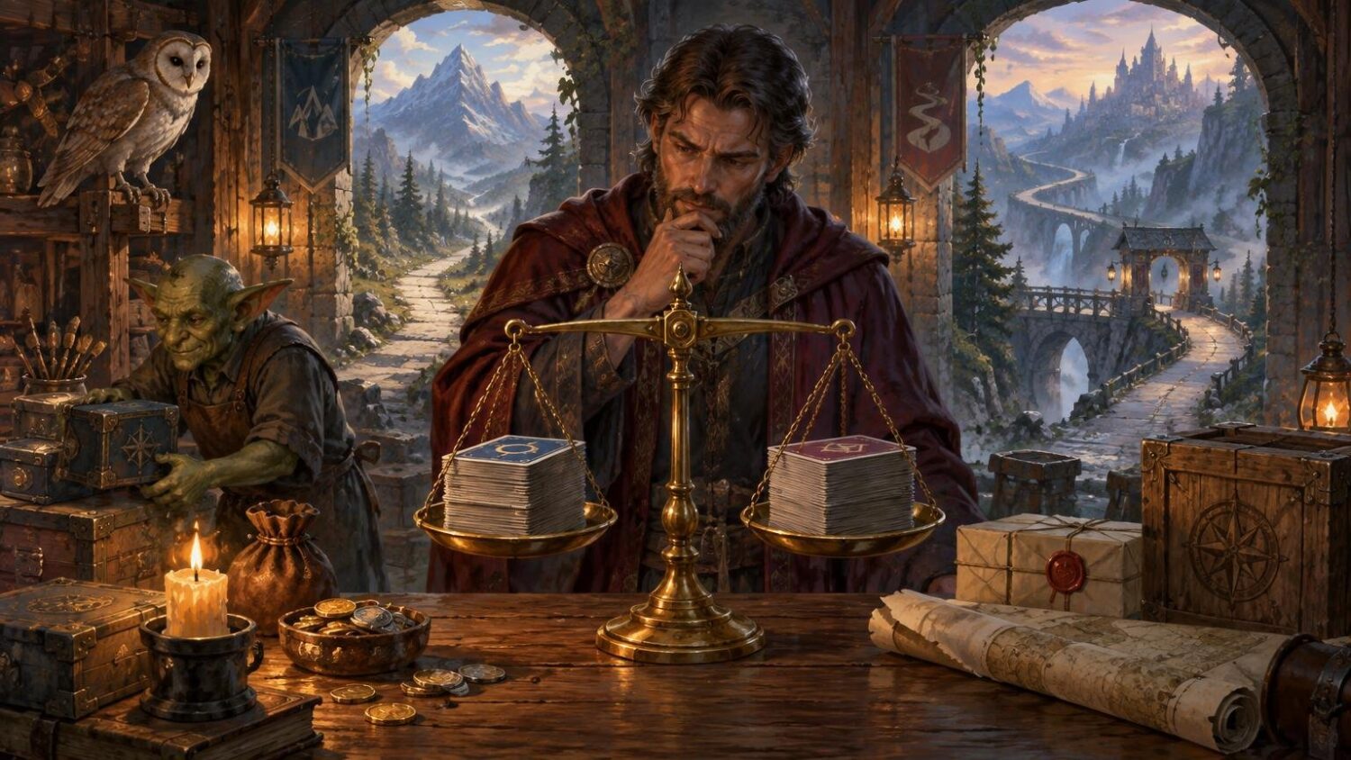 Painterly fantasy scene of a thoughtful cloaked man weighing two stacks of illustrated cards on a brass balance scale, beside a green goblin artisan, candles, coins, parcels, and open arches overlooking mountain roads and a distant castle.