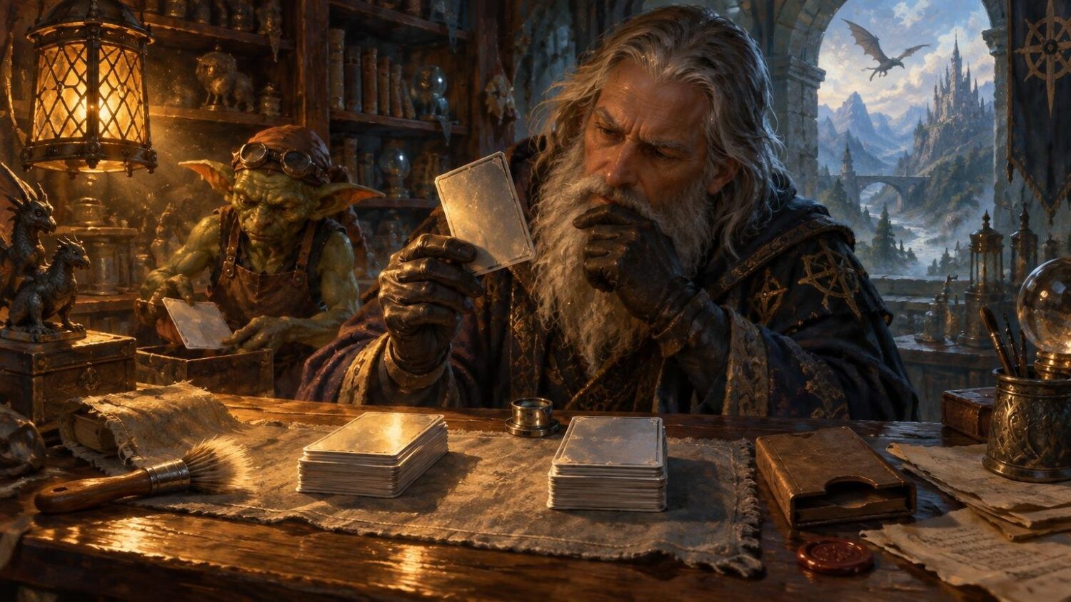 Painterly fantasy scene of a gray-bearded wizard and a goggle-wearing goblin examining blank, worn-looking rectangular cards at a cluttered workshop table, with stacked cards, tools, a glowing lantern, and a mountain city visible through an archway.