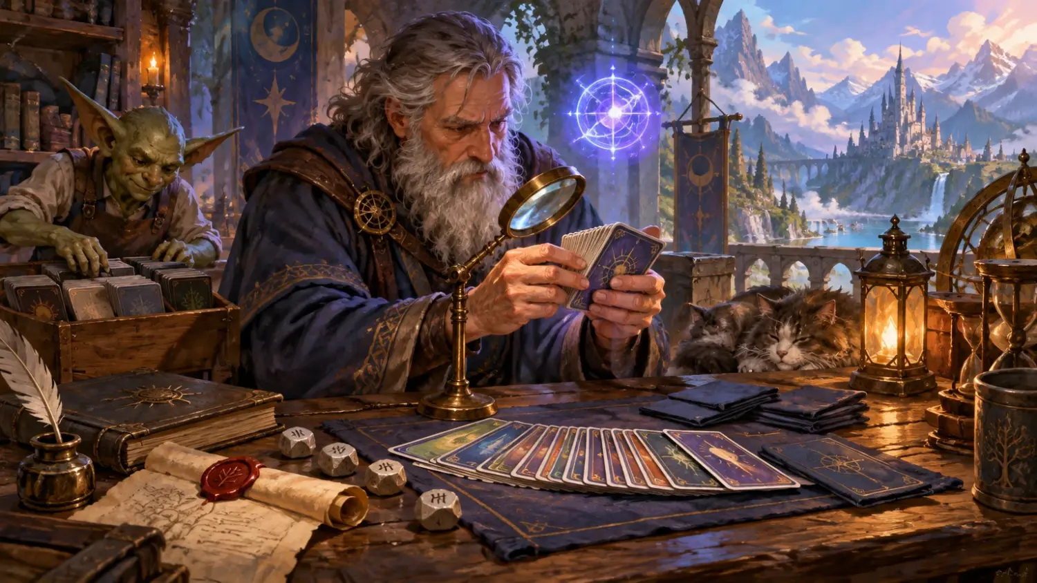 Painterly fantasy scene of a gray-haired wizard inspecting a fan of ornate illustrated cards with a magnifying glass at a wooden worktable, while a green goblin sorts cards nearby; books, dice, scrolls, lanterns, two cats, and a mountain castle landscape fill the workshop.