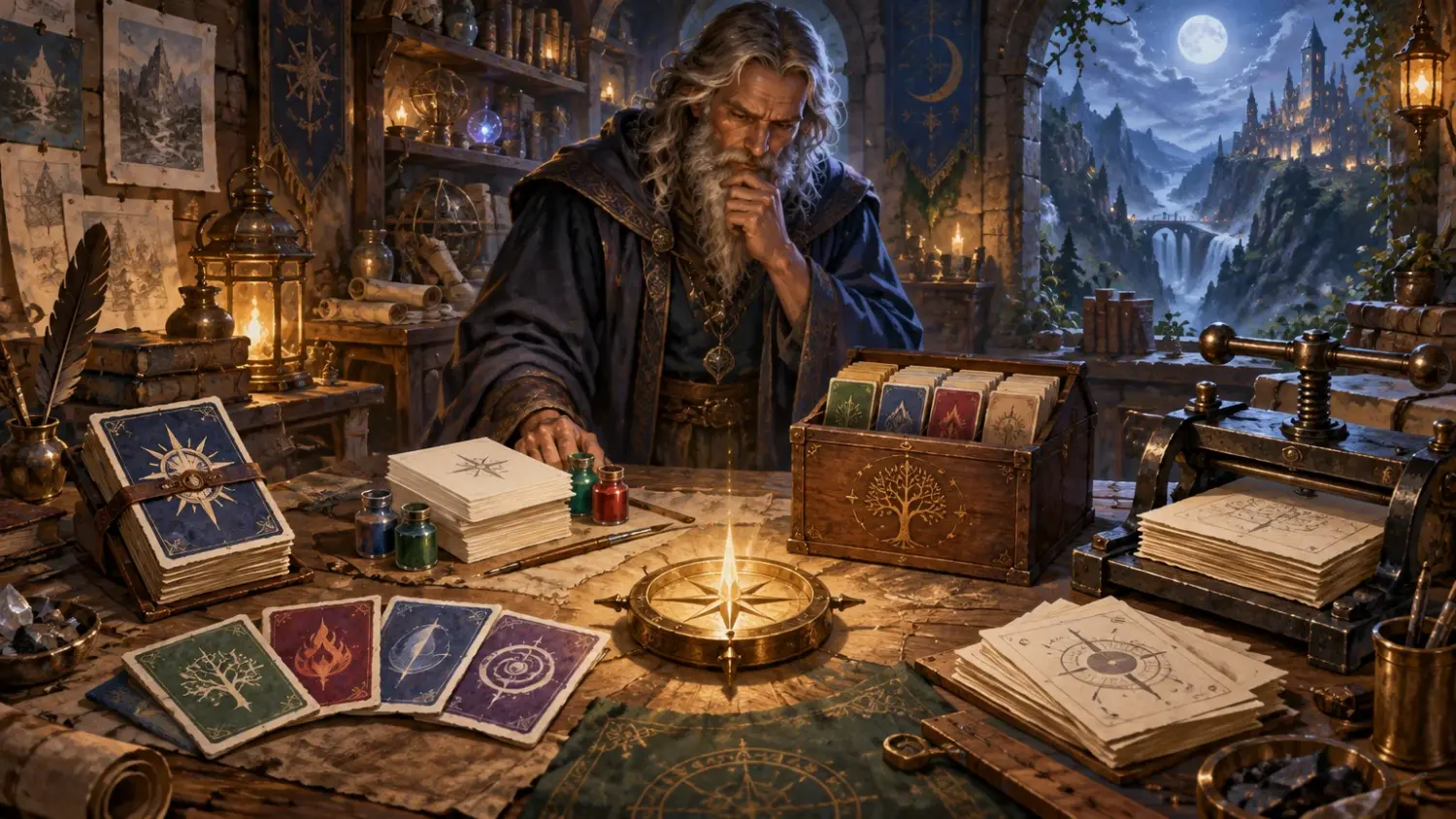 Painterly fantasy scene of a gray-haired wizard studying ornate cards, paper stacks, ink bottles, and a printing press in a candlelit workshop, with a moonlit castle valley beyond the window.