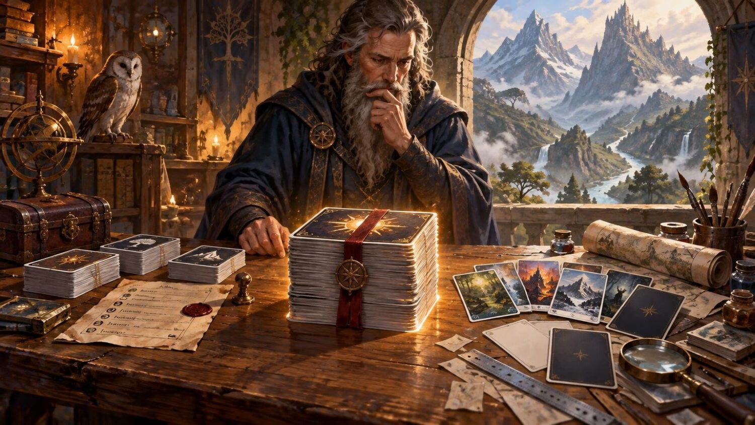 Painterly fantasy scene of a gray-haired wizard studying several stacks of ornate cards on a wooden worktable, with sample cards, maps, tools, and a bright mountain valley beyond an arched window.