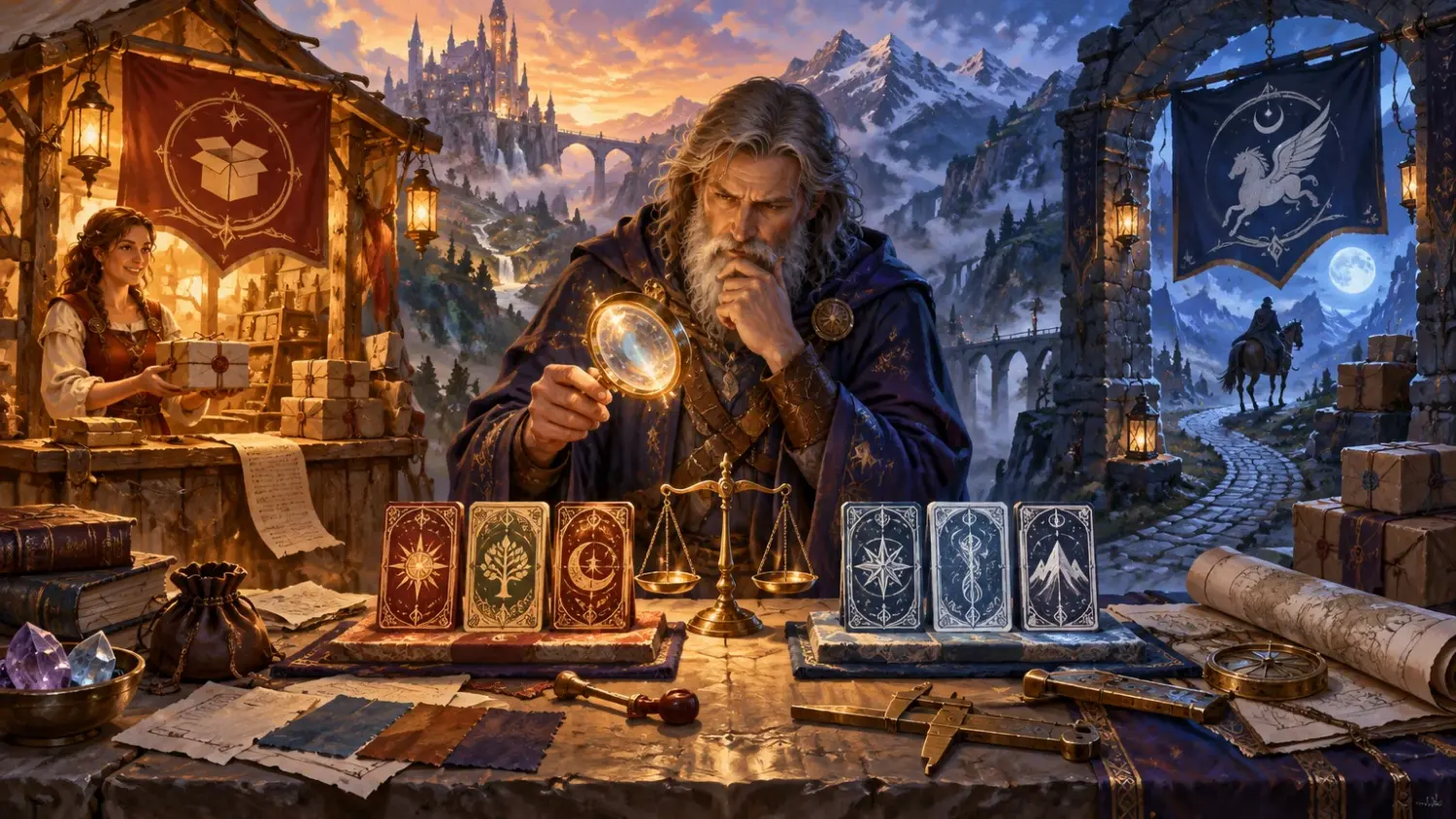Painterly fantasy scene of a gray-haired wizard using a glowing magnifying glass to compare two sets of ornate card-like objects on a table with scales, maps, parcels, and fabric samples; market and mountain routes appear behind him.