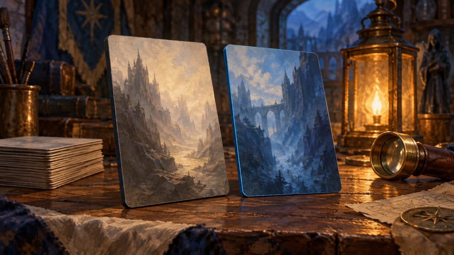 Painterly fantasy scene of two blank rounded-corner cards standing on a wooden table, one dark-edged and one bright blue-edged, each displaying a misty castle landscape; a glowing lantern, papers, and a magnifying glass surround them.