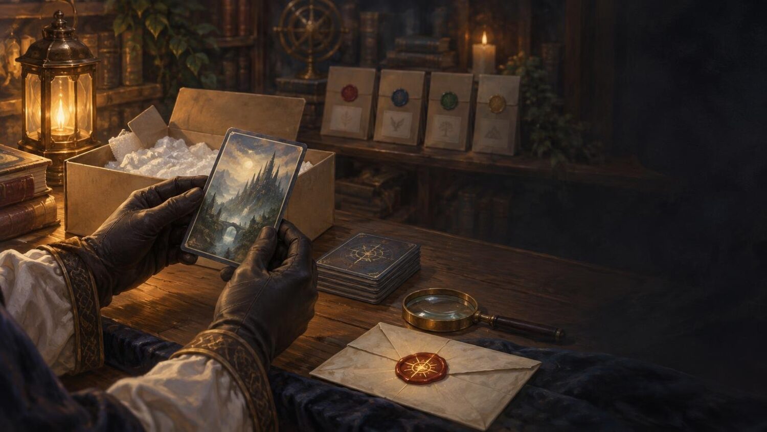 Painterly fantasy scene of gloved hands examining an illustrated card beside a box of packing material, a stack of cards, a magnifying glass, sealed envelope, books, and a glowing lantern on a wooden desk.