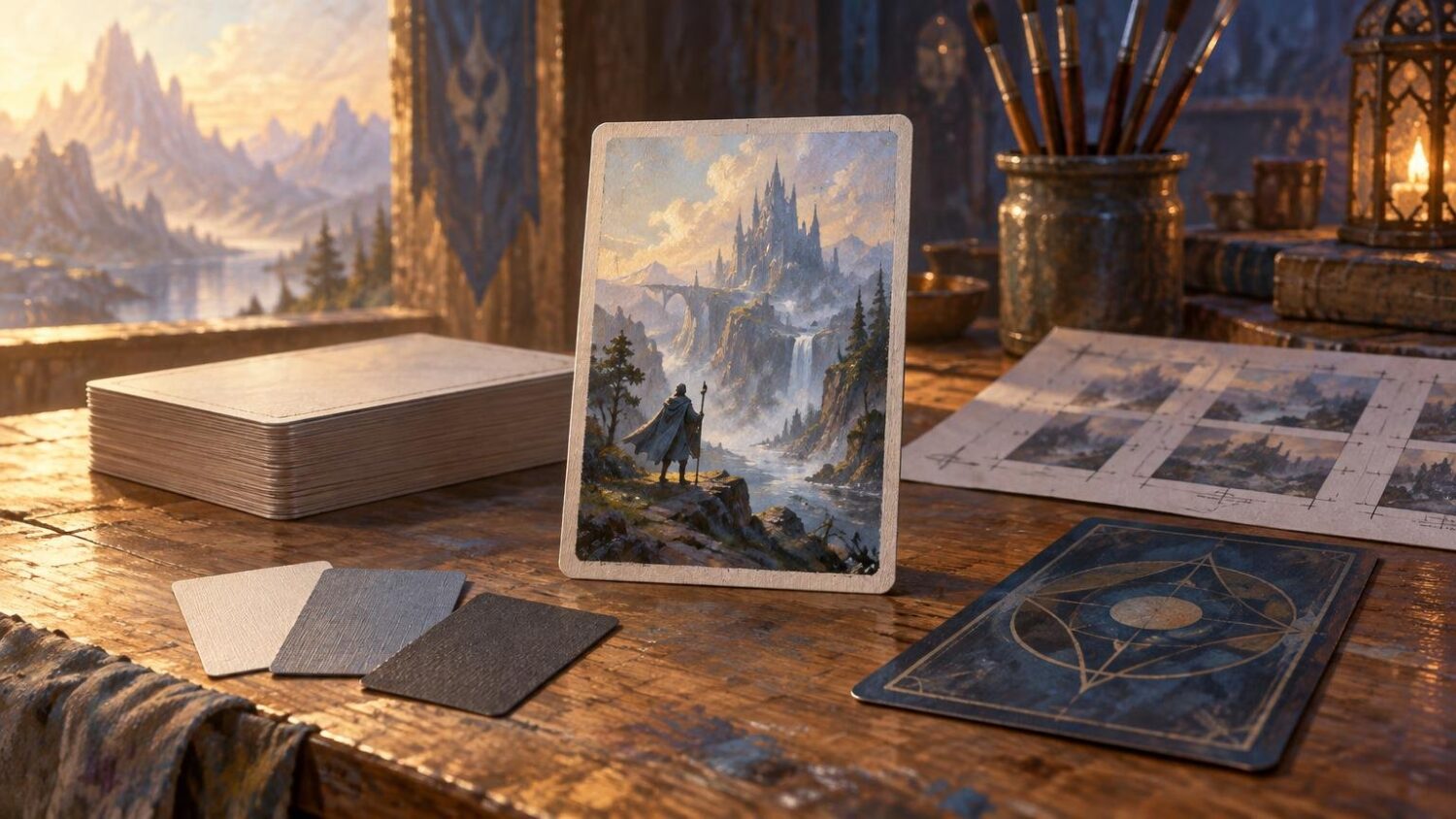 A fantasy-art card stands on a wooden worktable beside a stack of blank cards, paper layout proofs, paintbrushes, and color swatches; its illustration shows a cloaked figure facing a distant castle and waterfalls.
