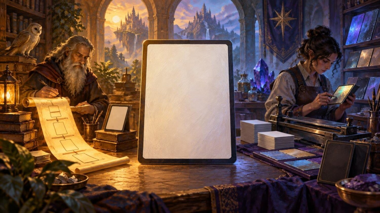 Painterly fantasy workshop scene with a large blank bordered card standing on a table between an elderly man drawing a card layout and a woman operating a card-printing press, with stacks of cards, books, crystals, and a distant castle visible through arched windows.
