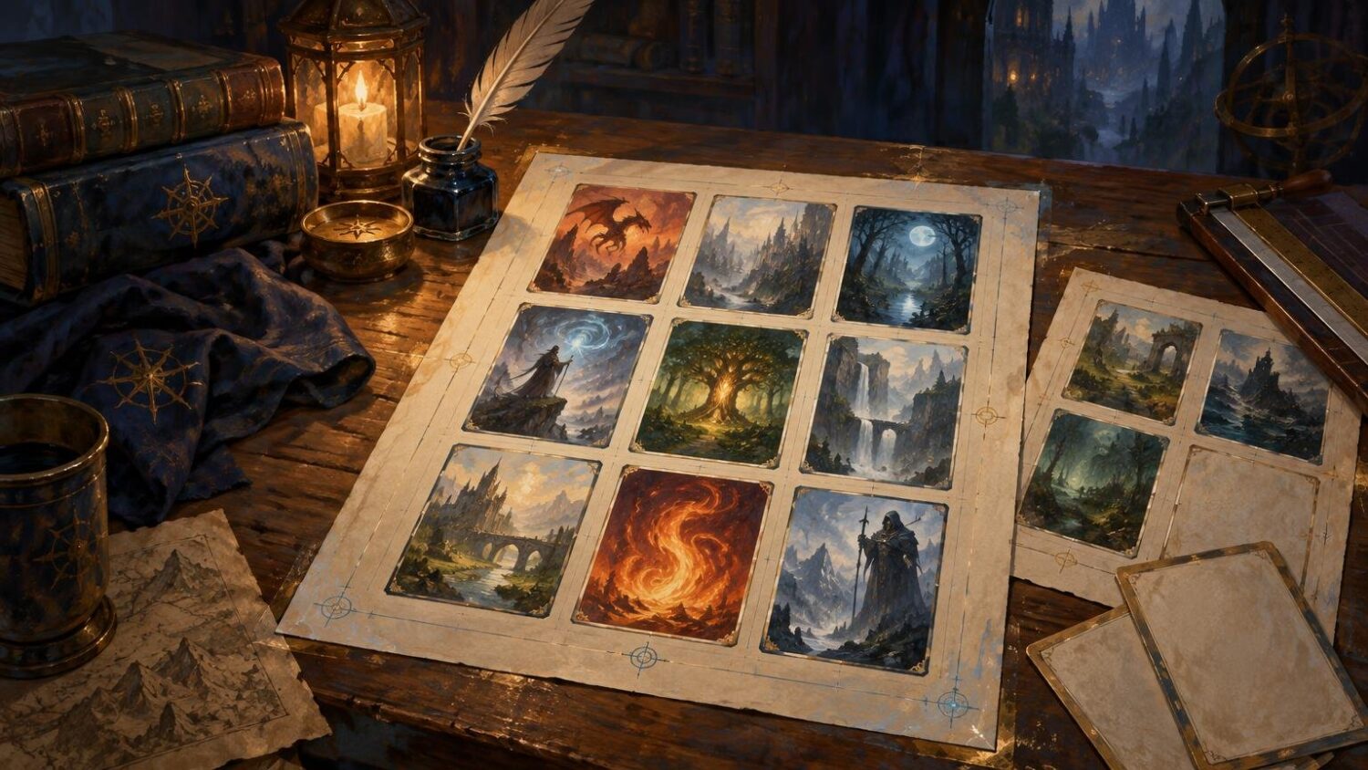 Fantasy-themed print sheets with nine illustrated card-sized panels on a wooden desk beside books, a lantern, ink, maps, and blank cards.
