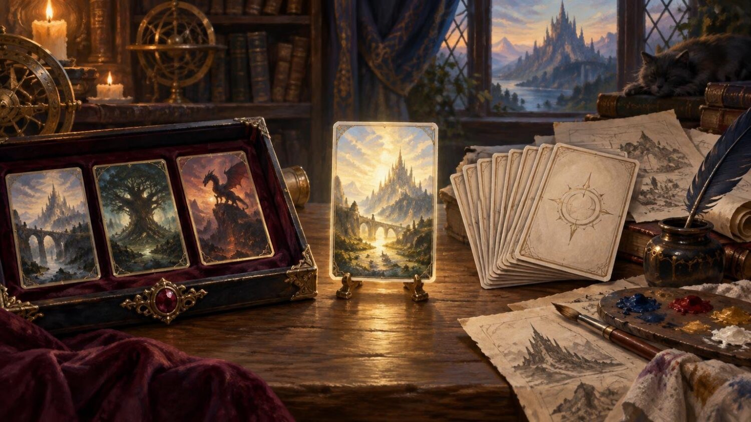 Painterly fantasy scene of illustrated trading-card-like cards on a wooden desk, with a boxed set, blank-backed cards, candles, books, paint supplies, and a distant castle visible through a window.
