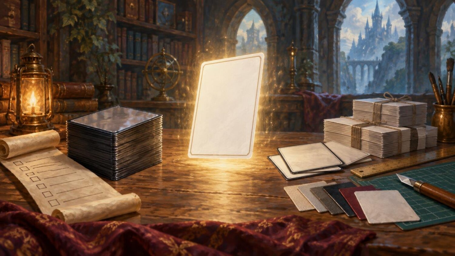 Painterly fantasy workshop scene with a glowing blank card standing on a wooden table beside stacked cards, bundled card piles, paper samples, brushes, and a castle visible through arched windows.