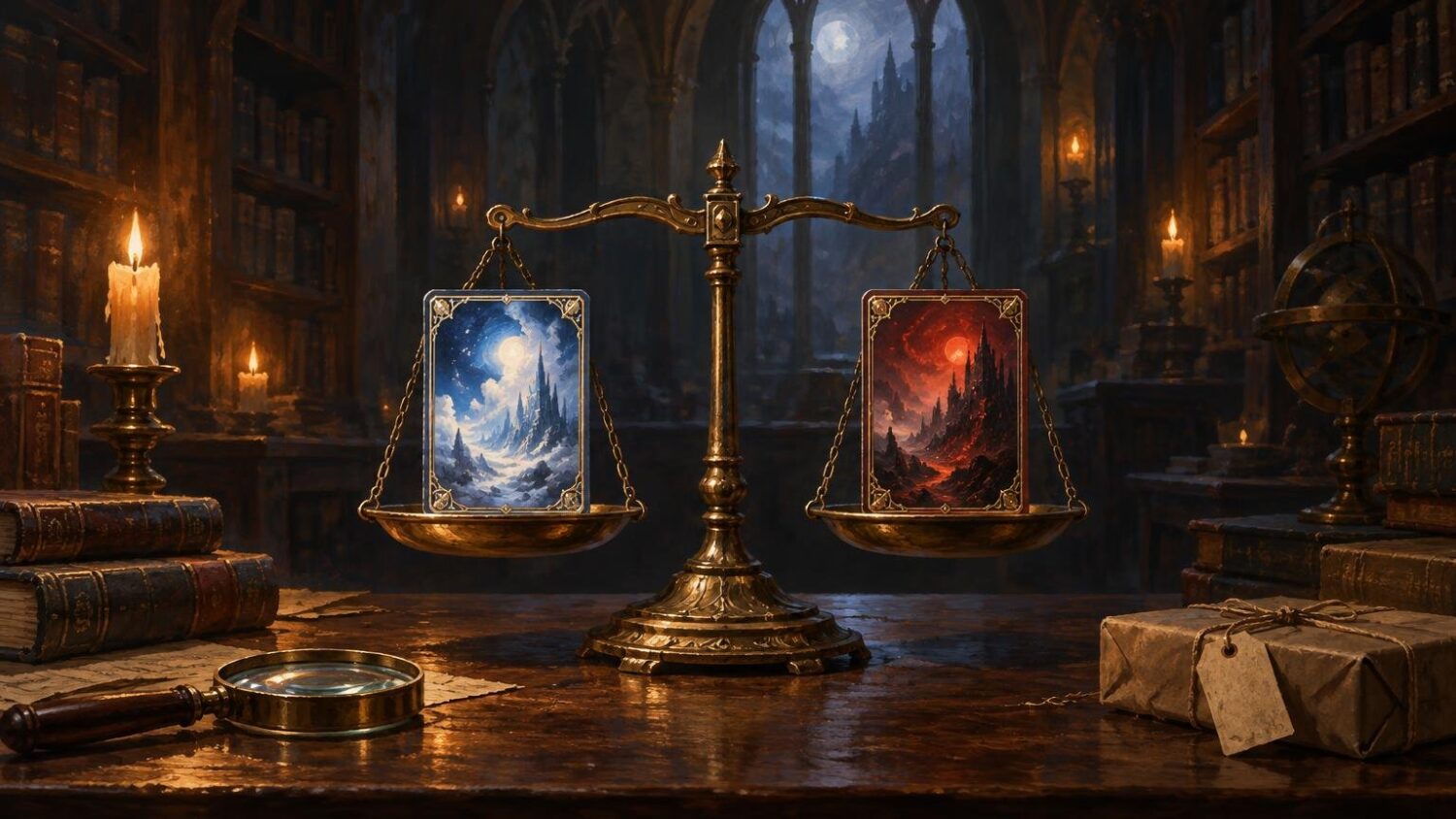 Fantasy library scene with a brass balance scale holding two ornate illustrated cards, one blue moonlit castle scene and one red castle scene, surrounded by candles, books, a magnifying glass, and a wrapped parcel.