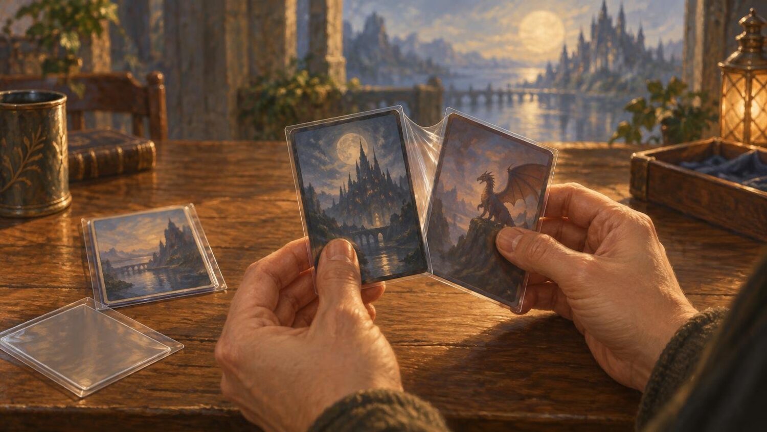 Painterly fantasy scene of hands holding two clear-sleeved illustrated cards above a wooden table, with additional sleeved cards, a metal cup, and a sunset castle landscape in the background.